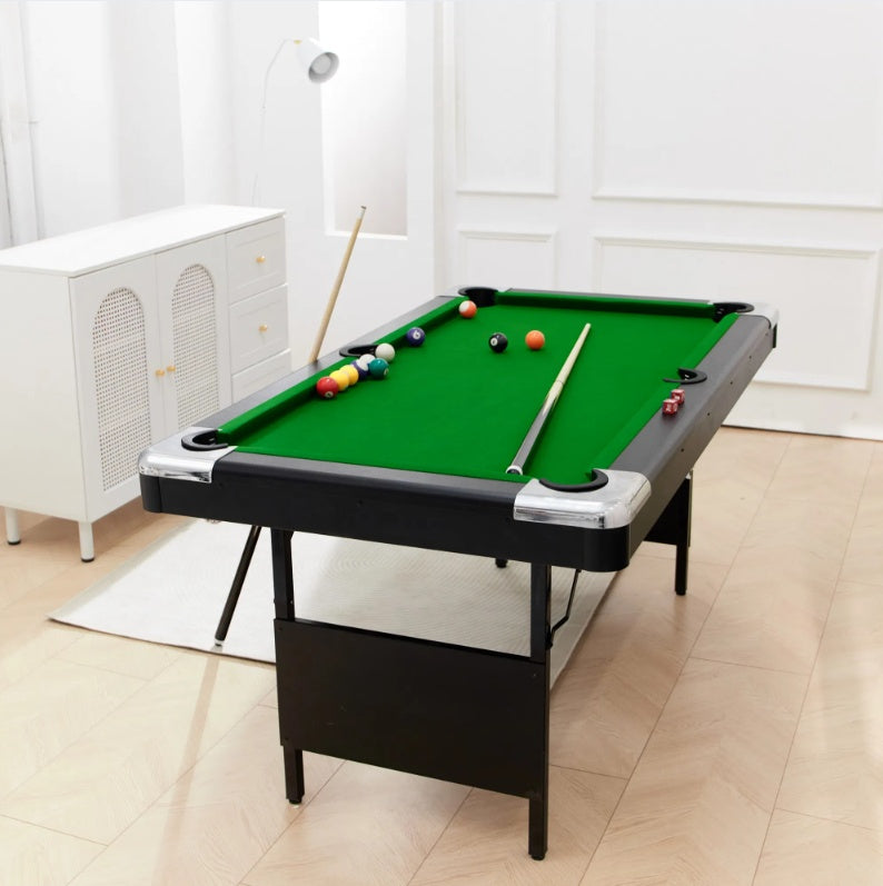 5.5FT Children's Pool Billiards Table with green felt surface, set up with billiard balls and cues, featuring foldable legs for easy storage. Designed for kids aged 5 and up, perfect for family game nights and indoor entertainment.