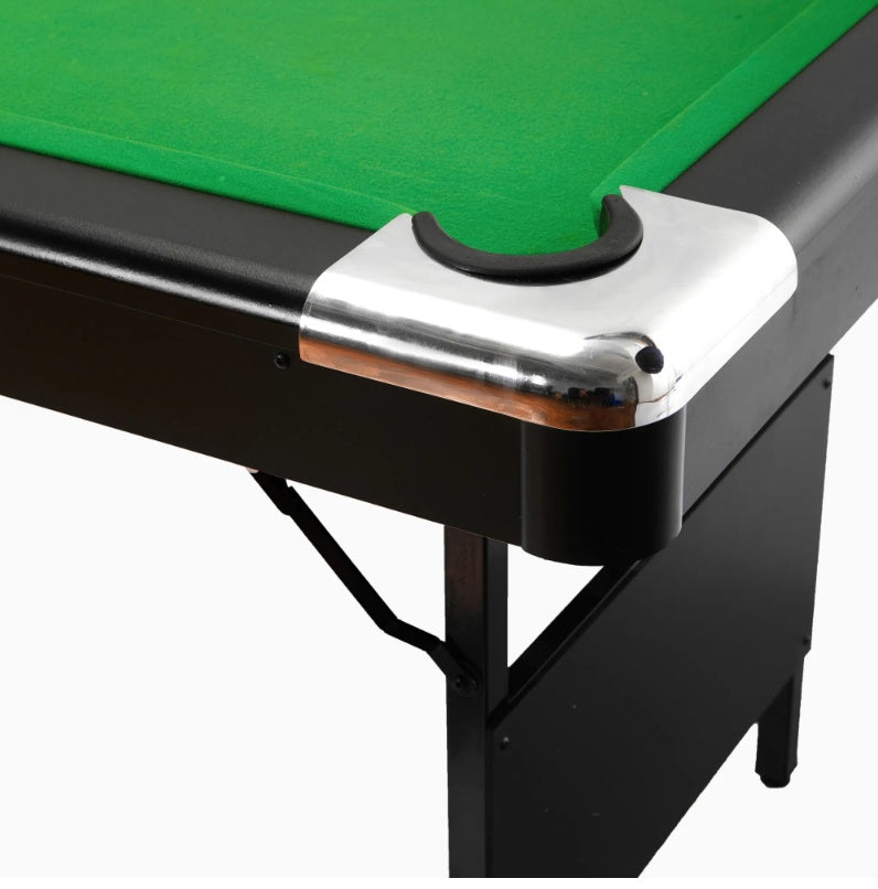 5.5FT Children's Pool Billiards Table with green felt surface, set up with billiard balls and cues, featuring foldable legs for easy storage. Designed for kids aged 5 and up, perfect for family game nights and indoor entertainment.