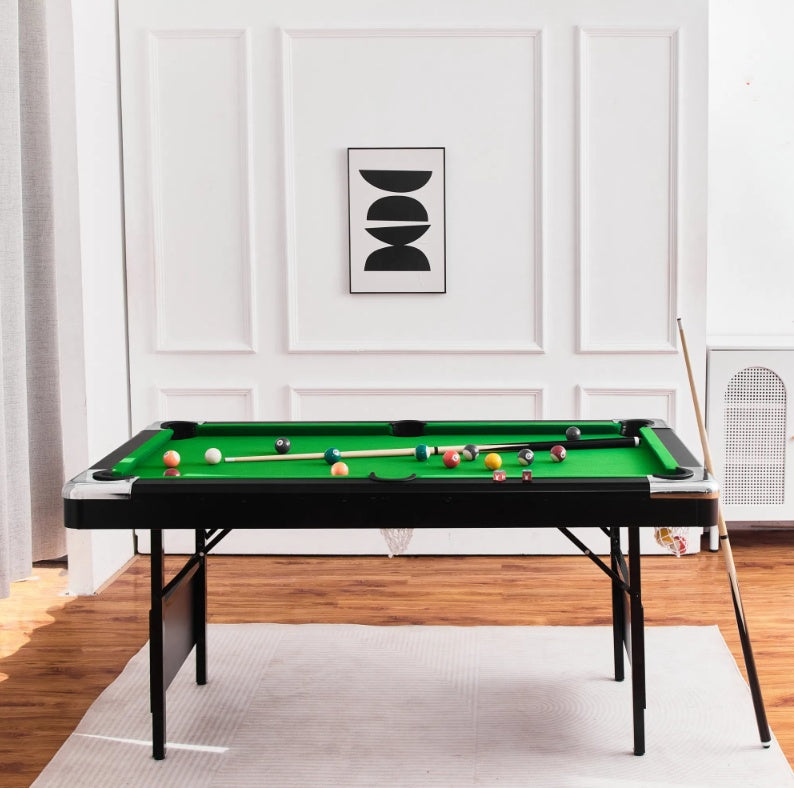 5.5FT Children's Pool Billiards Table with green felt surface, set up with billiard balls and cues, featuring foldable legs for easy storage. Designed for kids aged 5 and up, perfect for family game nights and indoor entertainment.