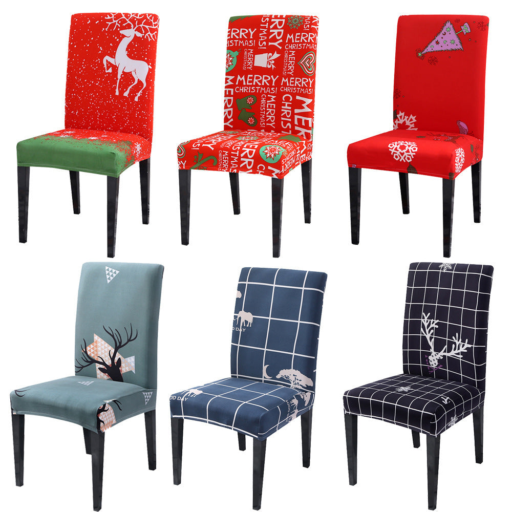 Festive Christmas chair with universal elastic cover featuring holiday designs.