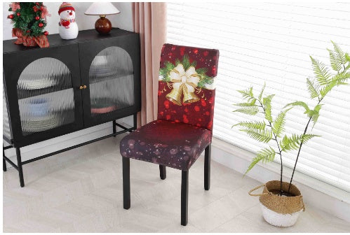 Festive Christmas chair with universal elastic cover featuring holiday designs.