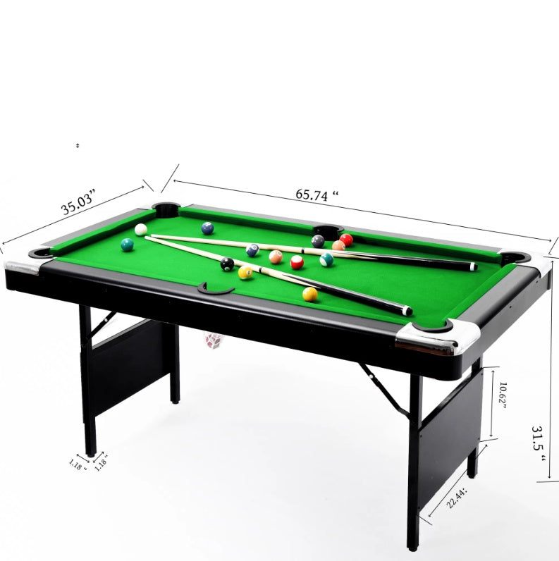 5.5FT Children's Pool Billiards Table with green felt surface, set up with billiard balls and cues, featuring foldable legs for easy storage. Designed for kids aged 5 and up, perfect for family game nights and indoor entertainment.