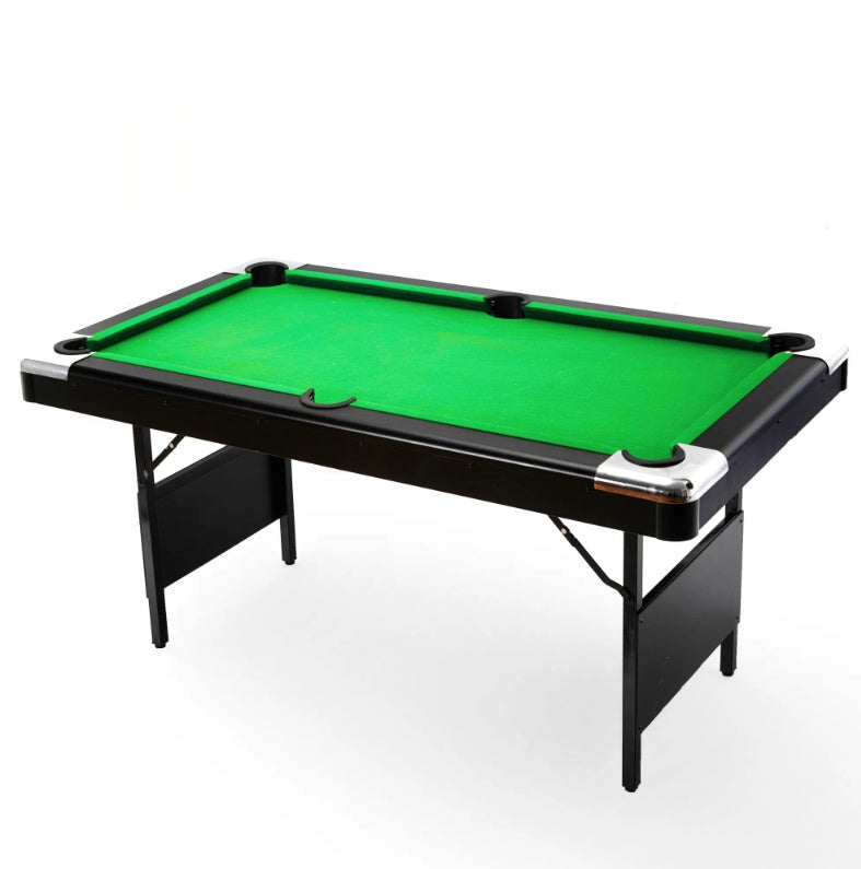 5.5FT Children's Pool Billiards Table with green felt surface, set up with billiard balls and cues, featuring foldable legs for easy storage. Designed for kids aged 5 and up, perfect for family game nights and indoor entertainment.