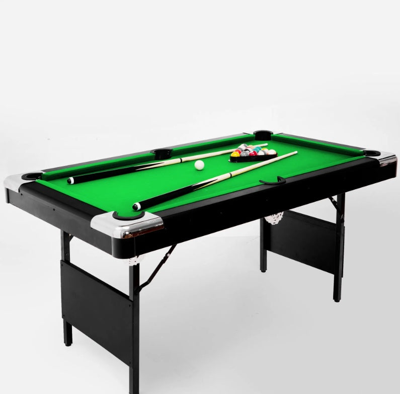 5.5FT Children's Pool Billiards Table with green felt surface, set up with billiard balls and cues, featuring foldable legs for easy storage. Designed for kids aged 5 and up, perfect for family game nights and indoor entertainment.