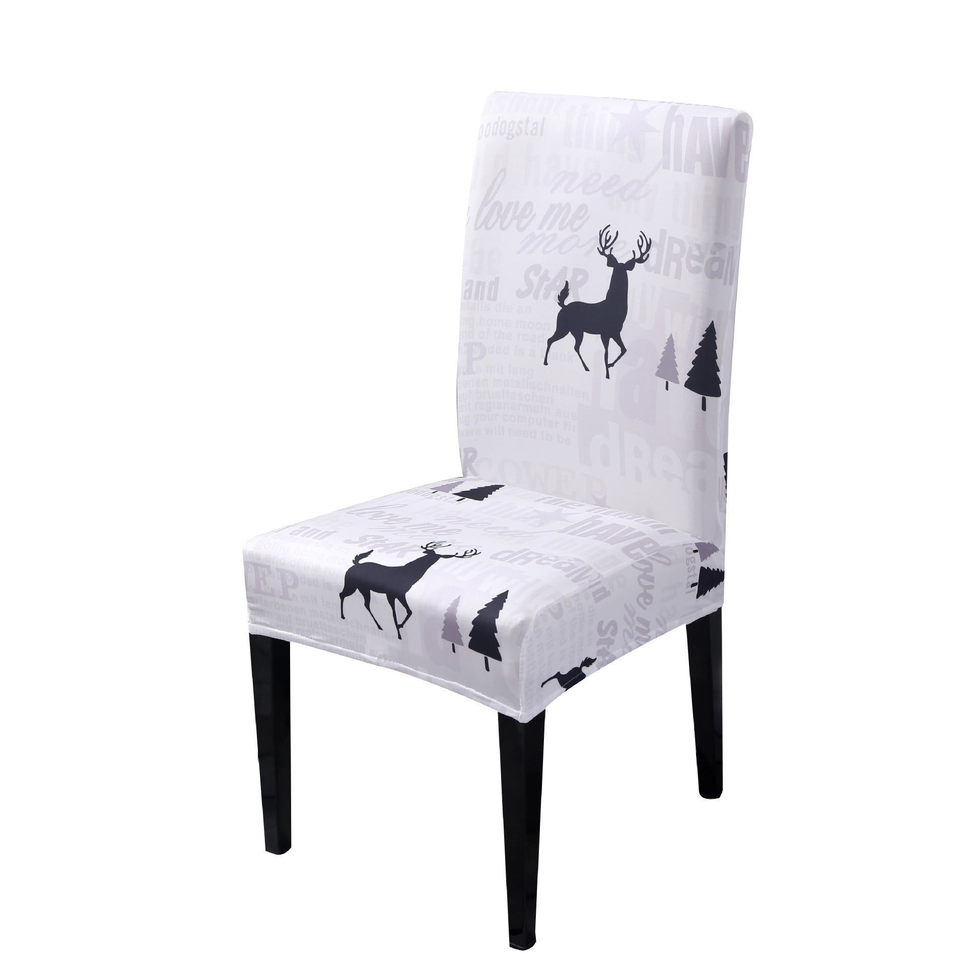 Festive Christmas chair with universal elastic cover featuring holiday designs.