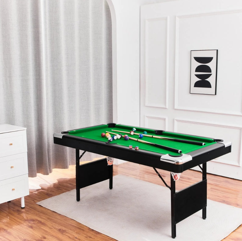 5.5FT Children's Pool Billiards Table with green felt surface, set up with billiard balls and cues, featuring foldable legs for easy storage. Designed for kids aged 5 and up, perfect for family game nights and indoor entertainment.