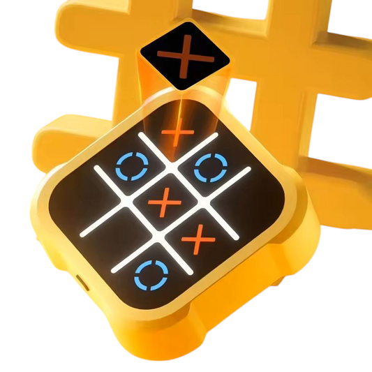 Ultimate Tic-Tac-Toe Showdown: Adult vs. Kid Challenge - A handheld electronic Tic-Tac-Toe game featuring a bright orange casing. The game screen displays a 3x3 grid with white lines, showcasing red X's and blue O's in various positions. The game is shown in two perspectives: a close-up of the game itself and a smaller image of hands holding and playing the game. Available in different colors.