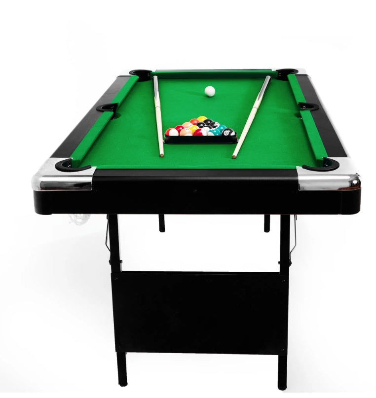 5.5FT Children's Pool Billiards Table with green felt surface, set up with billiard balls and cues, featuring foldable legs for easy storage. Designed for kids aged 5 and up, perfect for family game nights and indoor entertainment.