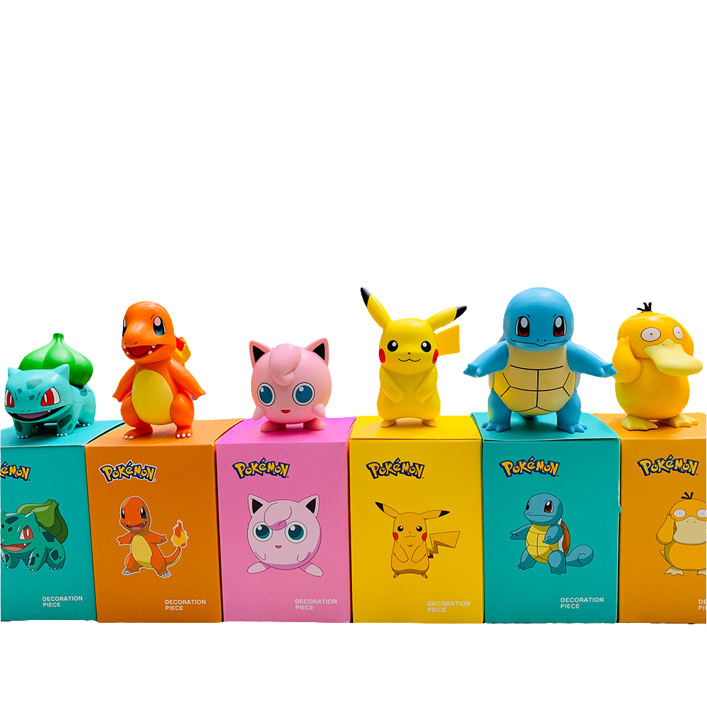 Genuine Pokémon Blind Box: Collectible Anime Figures from Giggly Groves, featuring a vibrant yellow box with the iconic Pikachu character and the Pokémon logo. Next to the box stands a collectible anime figure of Pikachu with its recognizable cheerful expression and red cheek circles, all set against a white background for clear viewing.