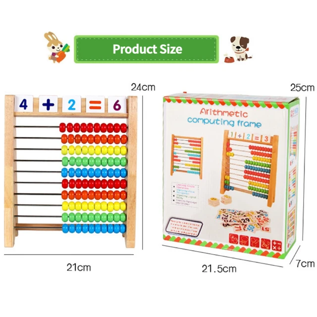 Boost Early Math Skills with Classic Wooden Abacus - 100 Beads Montessori Toy for Preschool Learning. The image shows a traditional wooden abacus with ten rows of ten beads each in varying colors of red, green, blue, yellow, and white. The abacus is positioned upright on a stand. Included in the set are colorful counting rods and a collection of numbered and mathematical operation tiles for interactive preschool learning activities.