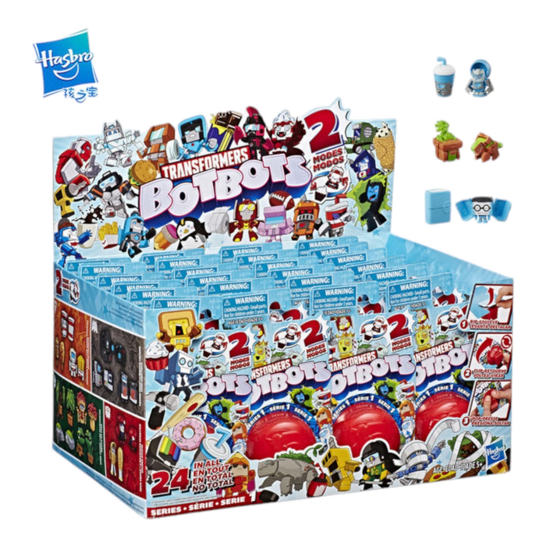 The image shows six Hasbro BOTBOTS Mini Transformers Blind Bags arranged in a star pattern. Each package features a different color (red, blue, green, orange, yellow) and contains a surprise mini transformer toy. The packaging is vibrant and eye-catching, making it an appealing gift for children.