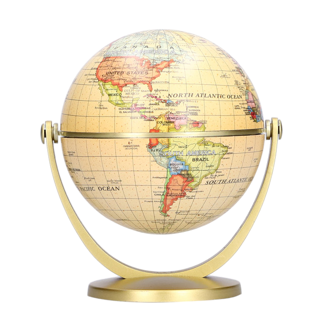 The image shows a small, desktop globe mounted on a golden stand. The globe displays a detailed world map with country names, borders, and major cities clearly marked. The globe is designed to rotate, making it a practical and educational tool for learning geography. The compact size and elegant design make it suitable for both educational purposes and as an office decor item.