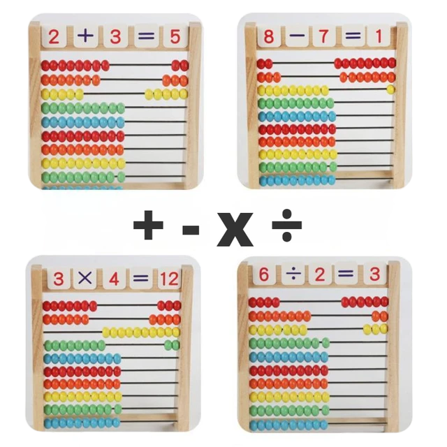 Boost Early Math Skills with Classic Wooden Abacus - 100 Beads Montessori Toy for Preschool Learning. The image shows a traditional wooden abacus with ten rows of ten beads each in varying colors of red, green, blue, yellow, and white. The abacus is positioned upright on a stand. Included in the set are colorful counting rods and a collection of numbered and mathematical operation tiles for interactive preschool learning activities.