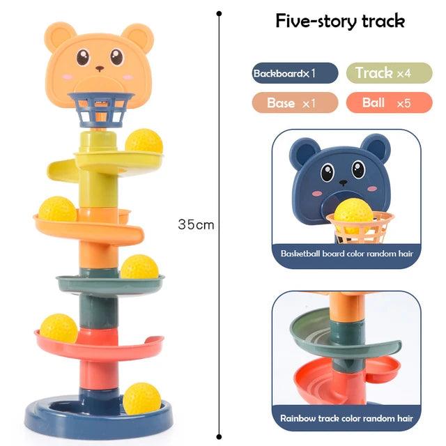 Colorful Bear-Themed Layered Ball Drop Tower Toy for Toddlers - Giggly Groves 