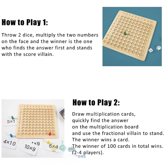 An educational board game designed to teach children addition and multiplication. The image includes a main game board with a grid of numbers from 1 to 100, several cards with multiplication and addition problems, like ‘2x9’ and ‘3+7’, a card with instructions, two dice, and red plastic markers. The background features outer space illustrations on the cards, adding an engaging theme for learning math concepts - Giggly Groves 