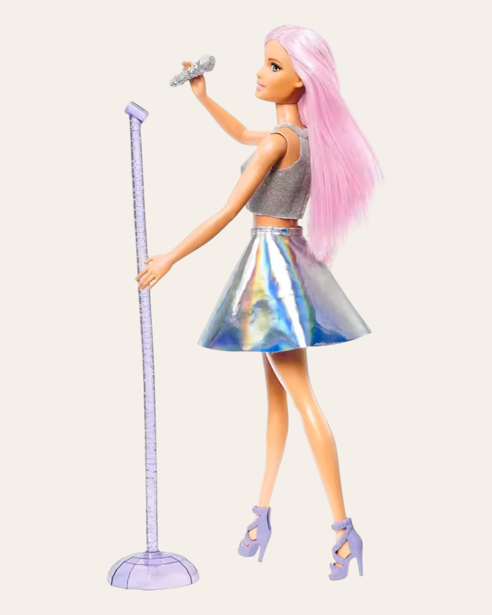 Original Barbie Fashionistas Pop Star Doll with pink hair and brown eyes, wearing an iridescent skirt and stage outfit, holding a microphone accessory. Perfect girls' toy for creative play and imaginative adventures.