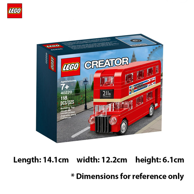 The image shows a LEGO Creator set featuring a Double Decker London Bus. The top part of the image displays the front view of the bus with the route number "211a" and the Union Jack flag. The bottom part shows a side view of the bus with a banner that reads "Now's the time to visit" alongside the Union Jack flag. The bus is predominantly red with realistic design details, making it an engaging and iconic toy for children.