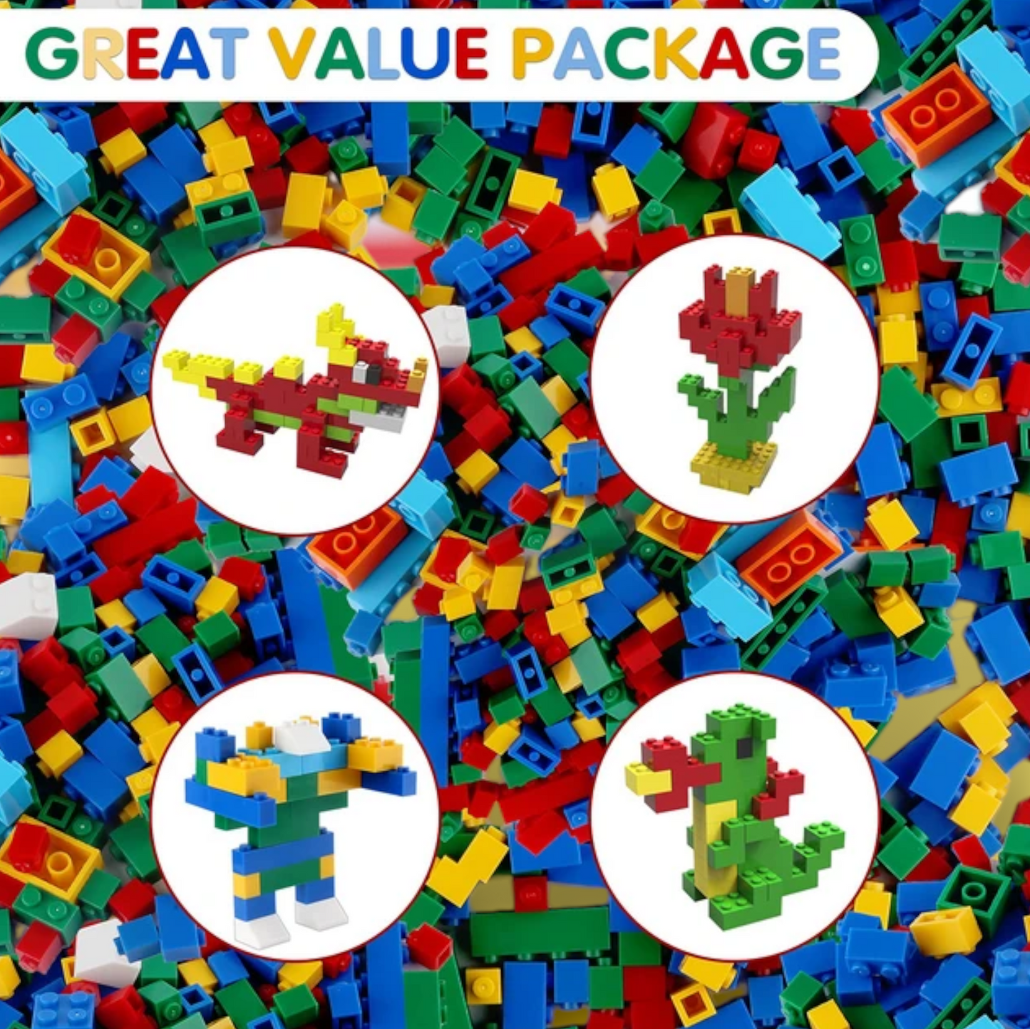 A vibrant collection of 1000 pieces of kids’ building blocks by Giggly Groves, featuring a variety of colors such as red, yellow, blue, green, and orange. The interlocking plastic bricks are scattered in a playful and inviting manner with the quantity ‘1000 pcs’ prominently displayed in the center. Ideal for creative play and motor skill development