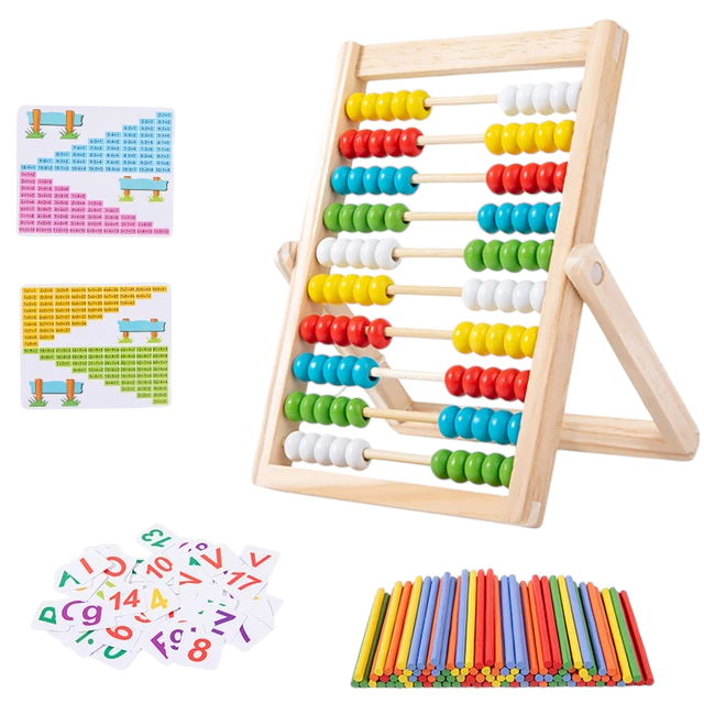 Boost Early Math Skills with Classic Wooden Abacus - 100 Beads Montessori Toy for Preschool Learning. The image shows a traditional wooden abacus with ten rows of ten beads each in varying colors of red, green, blue, yellow, and white. The abacus is positioned upright on a stand. Included in the set are colorful counting rods and a collection of numbered and mathematical operation tiles for interactive preschool learning activities.