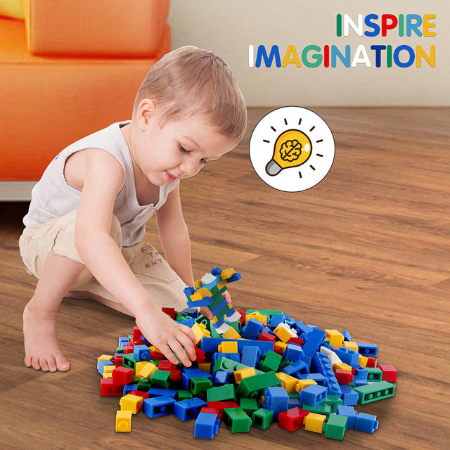 A vibrant collection of 1000 pieces of kids’ building blocks by Giggly Groves, featuring a variety of colors such as red, yellow, blue, green, and orange. The interlocking plastic bricks are scattered in a playful and inviting manner with the quantity ‘1000 pcs’ prominently displayed in the center. Ideal for creative play and motor skill development