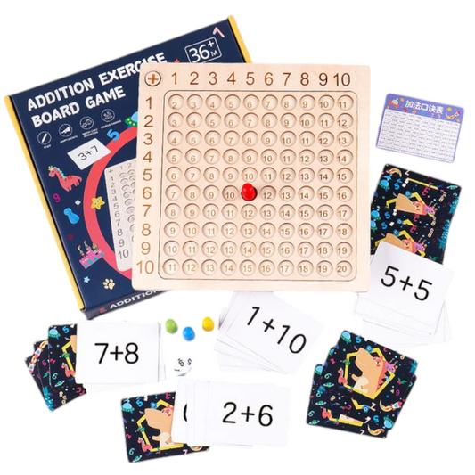 An educational board game designed to teach children addition and multiplication. The image includes a main game board with a grid of numbers from 1 to 100, several cards with multiplication and addition problems, like ‘2x9’ and ‘3+7’, a card with instructions, two dice, and red plastic markers. The background features outer space illustrations on the cards, adding an engaging theme for learning math concepts - Giggly Groves 