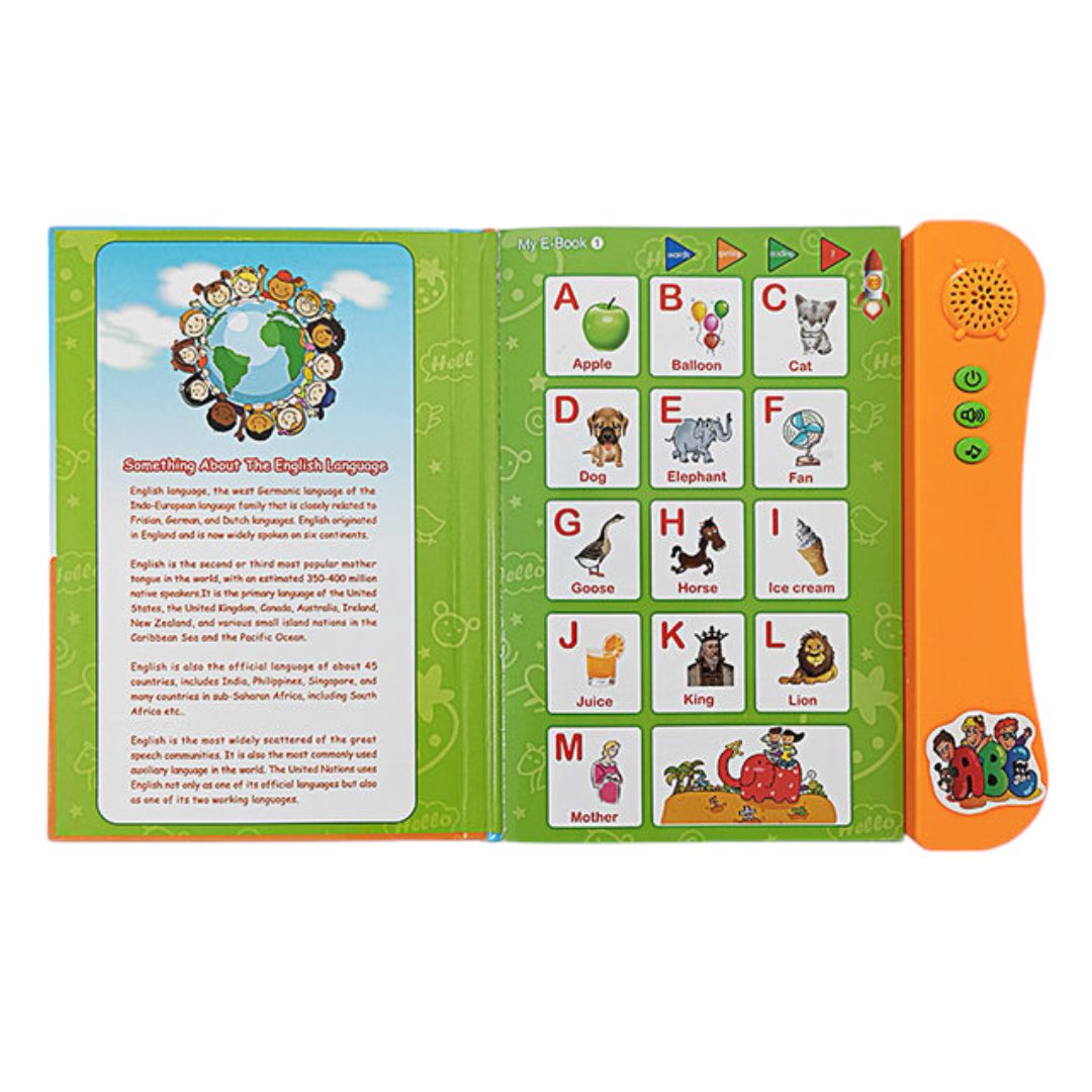 Interactive My English E-Book: Touch & Learn Language Adventure for Kids - Giggly Groves. This vibrant e-book features a colorful cover with smiling children holding hands around a globe, promoting inclusivity and global learning. The interactive touch-and-learn panel enhances the language learning experience, making it perfect for kids aged 3 and above