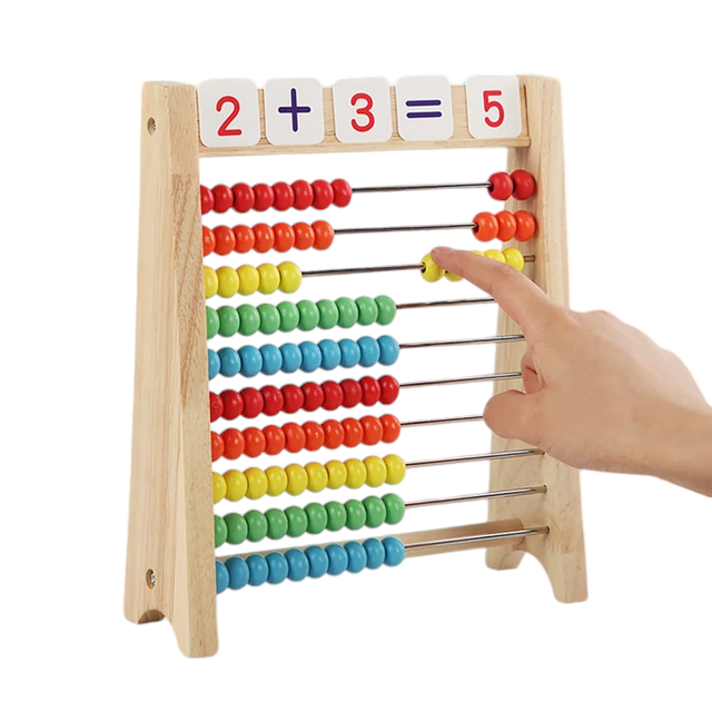 Boost Early Math Skills with Classic Wooden Abacus - 100 Beads Montessori Toy for Preschool Learning. The image shows a traditional wooden abacus with ten rows of ten beads each in varying colors of red, green, blue, yellow, and white. The abacus is positioned upright on a stand. Included in the set are colorful counting rods and a collection of numbered and mathematical operation tiles for interactive preschool learning activities.