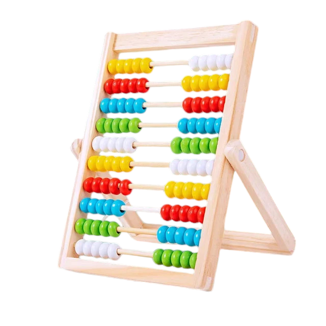 Boost Early Math Skills with Classic Wooden Abacus - 100 Beads Montessori Toy for Preschool Learning. The image shows a traditional wooden abacus with ten rows of ten beads each in varying colors of red, green, blue, yellow, and white. The abacus is positioned upright on a stand. Included in the set are colorful counting rods and a collection of numbered and mathematical operation tiles for interactive preschool learning activities.