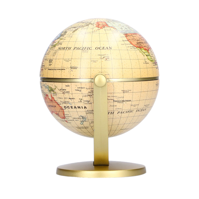 The image shows a small, desktop globe mounted on a golden stand. The globe displays a detailed world map with country names, borders, and major cities clearly marked. The globe is designed to rotate, making it a practical and educational tool for learning geography. The compact size and elegant design make it suitable for both educational purposes and as an office decor item.