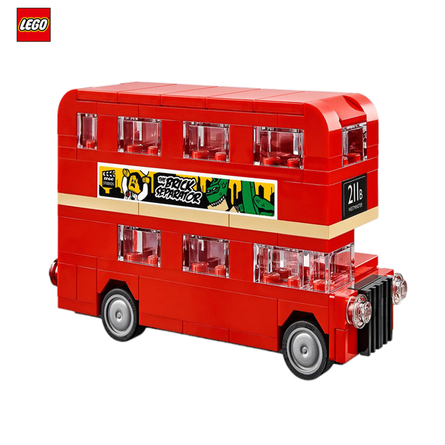 The image shows a LEGO Creator set featuring a Double Decker London Bus. The top part of the image displays the front view of the bus with the route number "211a" and the Union Jack flag. The bottom part shows a side view of the bus with a banner that reads "Now's the time to visit" alongside the Union Jack flag. The bus is predominantly red with realistic design details, making it an engaging and iconic toy for children.