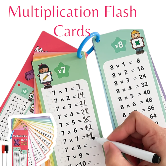 Engaging Multiplication Flash Cards for Kids - Colorful, interactive cards featuring fun cartoon characters and a write-and-wipe design. Perfect for helping children master multiplication facts while having fun. Ideal for parents and educators looking for effective learning tools - Giggly Groves 