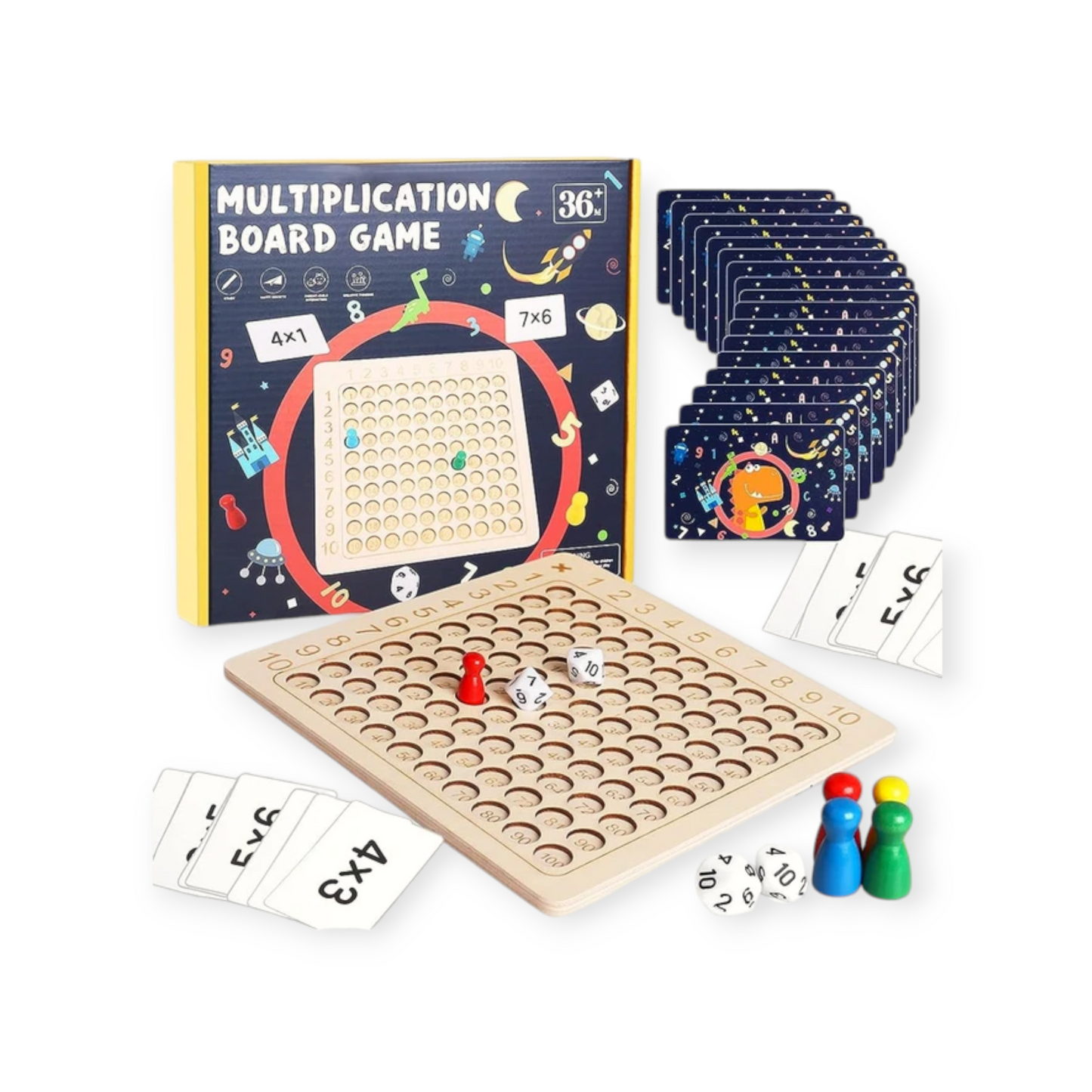 An educational board game designed to teach children addition and multiplication. The image includes a main game board with a grid of numbers from 1 to 100, several cards with multiplication and addition problems, like ‘2x9’ and ‘3+7’, a card with instructions, two dice, and red plastic markers. The background features outer space illustrations on the cards, adding an engaging theme for learning math concepts - Giggly Groves 