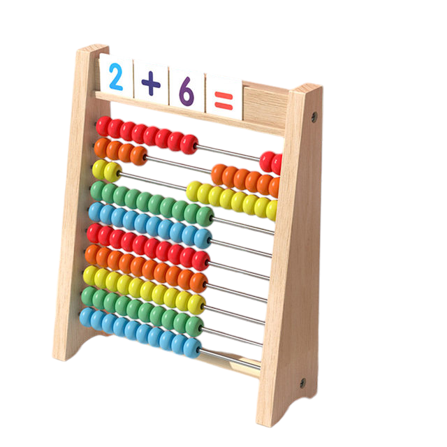 Boost Early Math Skills with Classic Wooden Abacus - 100 Beads Montessori Toy for Preschool Learning. The image displays a traditional wooden abacus with ten rows of ten beads each, in a rainbow of colors. A hand is shown interacting with the abacus, sliding beads across the wire. Above the beads, there are three wooden squares displaying the numbers ‘2’ and ‘6’ separated by a plus sign, and an equal sign followed by the number ‘8’, illustrating a basic addition problem.