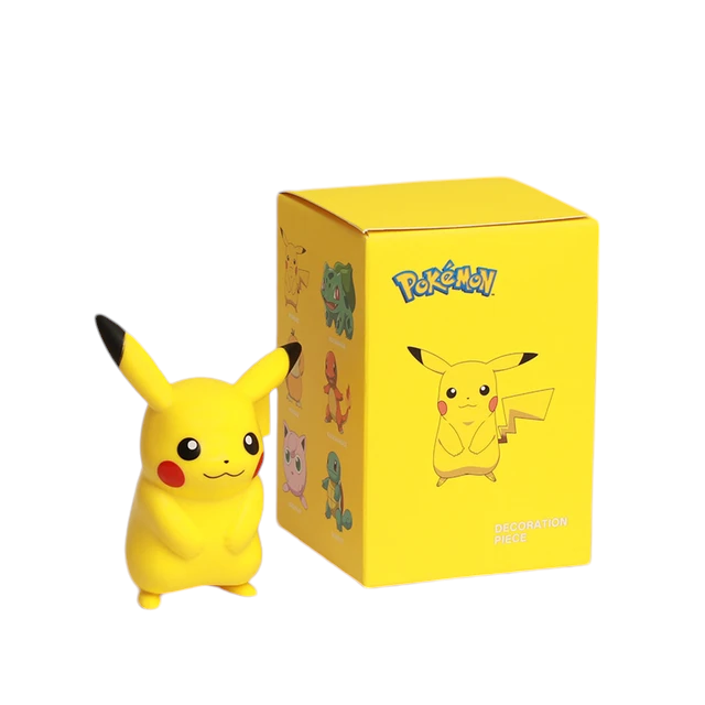 Genuine Pokémon Blind Box: Collectible Anime Figures from Giggly Groves, featuring a vibrant yellow box with the iconic Pikachu character and the Pokémon logo. Next to the box stands a collectible anime figure of Pikachu with its recognizable cheerful expression and red cheek circles, all set against a white background for clear viewing.