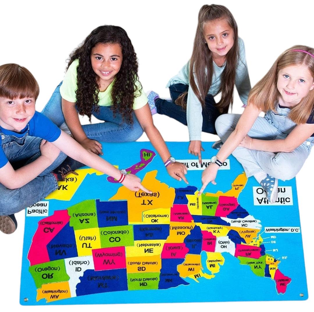 54-piece United States map felt-board set for early learning and Montessori education, featuring city names and state locations, available on Giggly Groves.