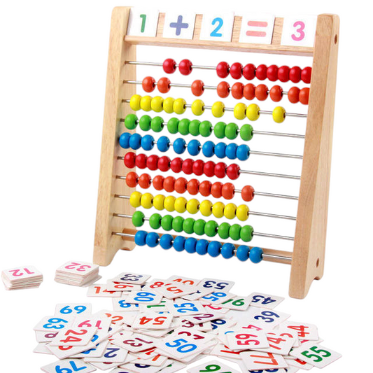 Boost Early Math Skills with Classic Wooden Abacus - 100 Beads Montessori Toy for Preschool Learning. The image displays a traditional wooden abacus with ten rows of ten beads each, in a rainbow of colors. Above the beads, there are three wooden squares displaying the numbers ‘1’ and ‘2’ separated by a plus sign, and an equal sign followed by the number ‘3’, illustrating a basic addition problem.