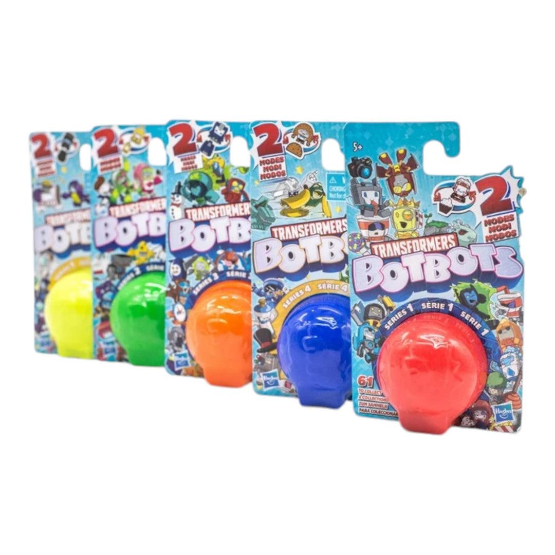 The image shows six Hasbro BOTBOTS Mini Transformers Blind Bags arranged in a star pattern. Each package features a different color (red, blue, green, orange, yellow) and contains a surprise mini transformer toy. The packaging is vibrant and eye-catching, making it an appealing gift for children.