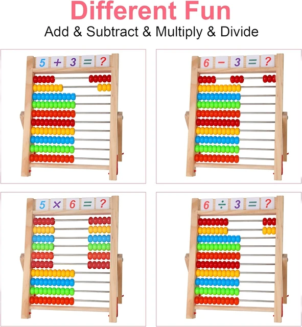 Boost Early Math Skills with Classic Wooden Abacus - 100 Beads Montessori Toy for Preschool Learning. The image shows a traditional wooden abacus with ten rows of ten beads each in varying colors of red, green, blue, yellow, and white. The abacus is positioned upright on a stand. Included in the set are colorful counting rods and a collection of numbered and mathematical operation tiles for interactive preschool learning activities.