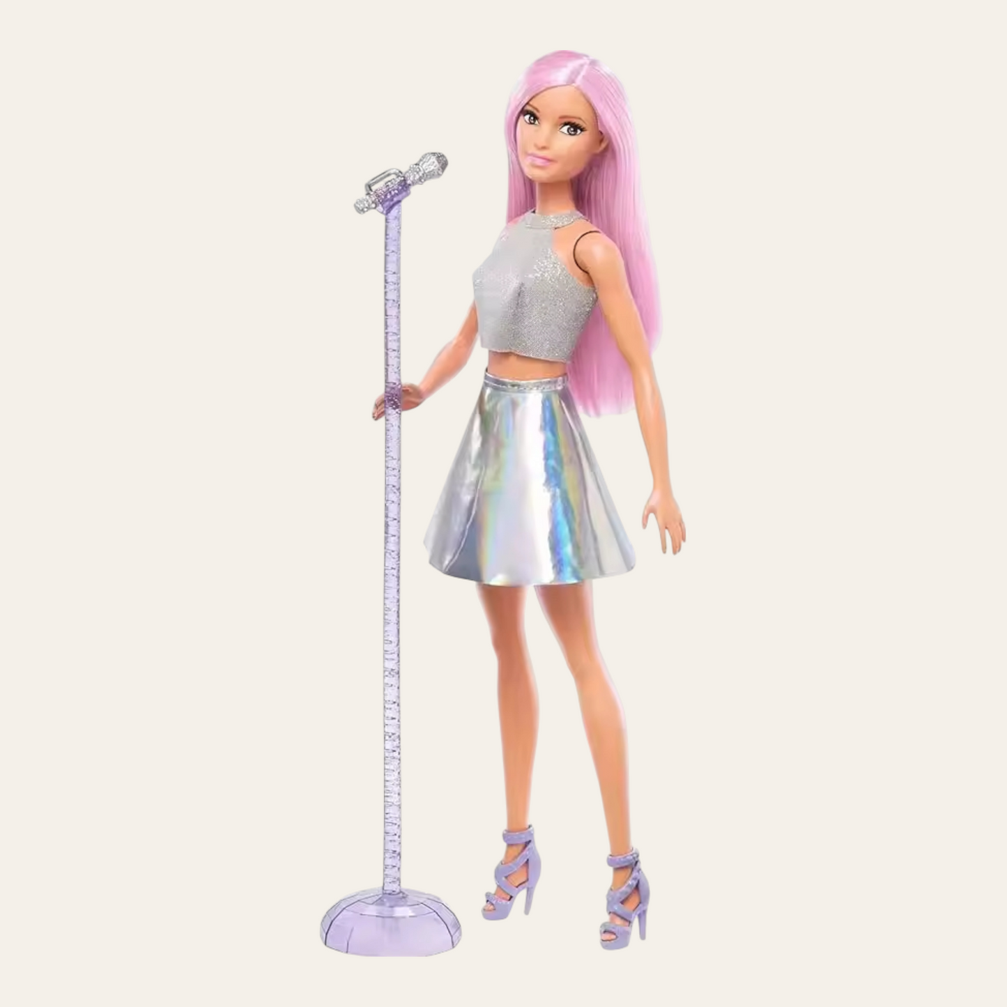 Original Barbie Fashionistas Pop Star Doll with pink hair and brown eyes, wearing an iridescent skirt and stage outfit, holding a microphone accessory. Perfect girls' toy for creative play and imaginative adventures.