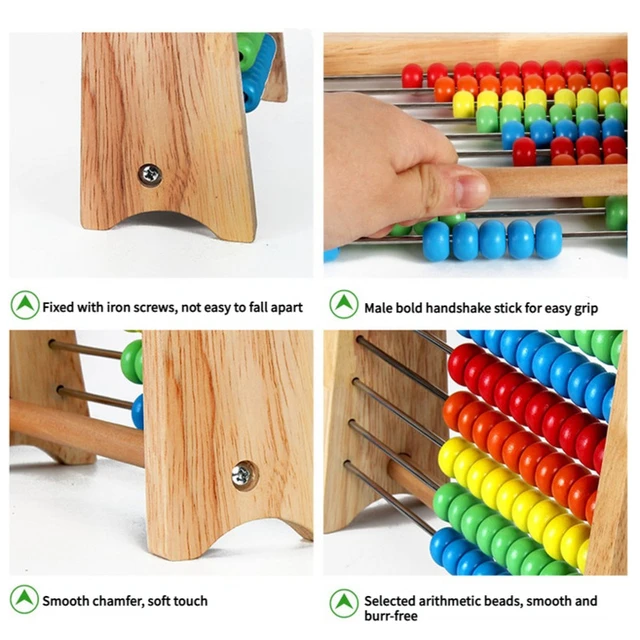 Boost Early Math Skills with Classic Wooden Abacus - 100 Beads Montessori Toy for Preschool Learning. The image shows a traditional wooden abacus with ten rows of ten beads each in varying colors of red, green, blue, yellow, and white. The abacus is positioned upright on a stand. Included in the set are colorful counting rods and a collection of numbered and mathematical operation tiles for interactive preschool learning activities.