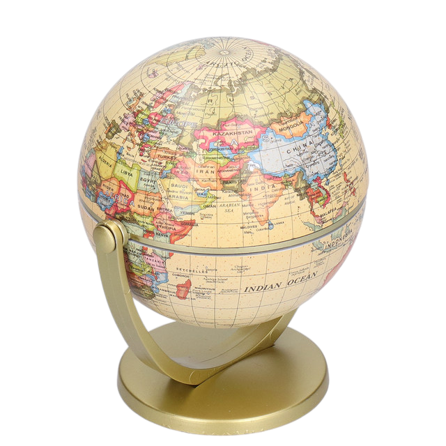 The image shows a small, desktop globe mounted on a golden stand. The globe displays a detailed world map with country names, borders, and major cities clearly marked. The globe is designed to rotate, making it a practical and educational tool for learning geography. The compact size and elegant design make it suitable for both educational purposes and as an office decor item.