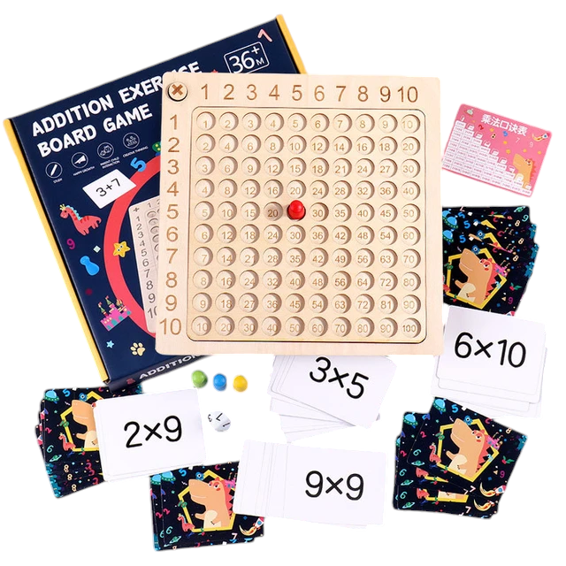 An educational board game designed to teach children addition and multiplication. The image includes a main game board with a grid of numbers from 1 to 100, several cards with multiplication and addition problems, like ‘2x9’ and ‘3+7’, a card with instructions, two dice, and red plastic markers. The background features outer space illustrations on the cards, adding an engaging theme for learning math concepts - Giggly Groves 