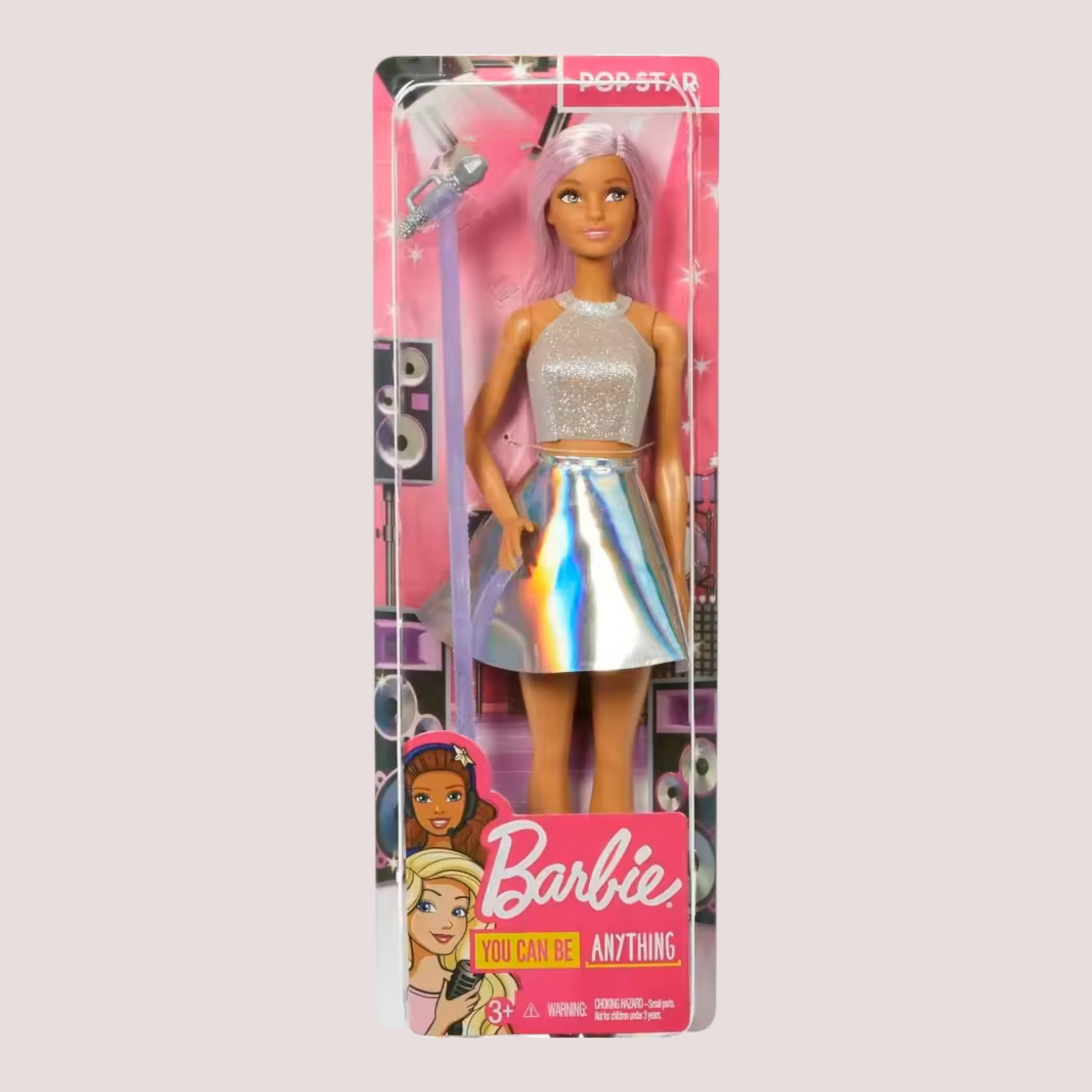 Original Barbie Fashionistas Pop Star Doll with pink hair and brown eyes, wearing an iridescent skirt and stage outfit, holding a microphone accessory. Perfect girls' toy for creative play and imaginative adventures.