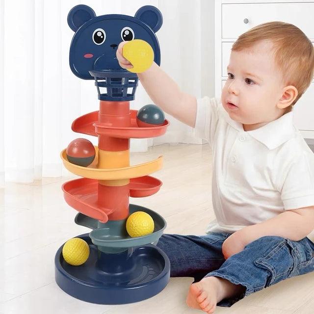 Colorful Bear-Themed Layered Ball Drop Tower Toy for Toddlers - Giggly Groves 