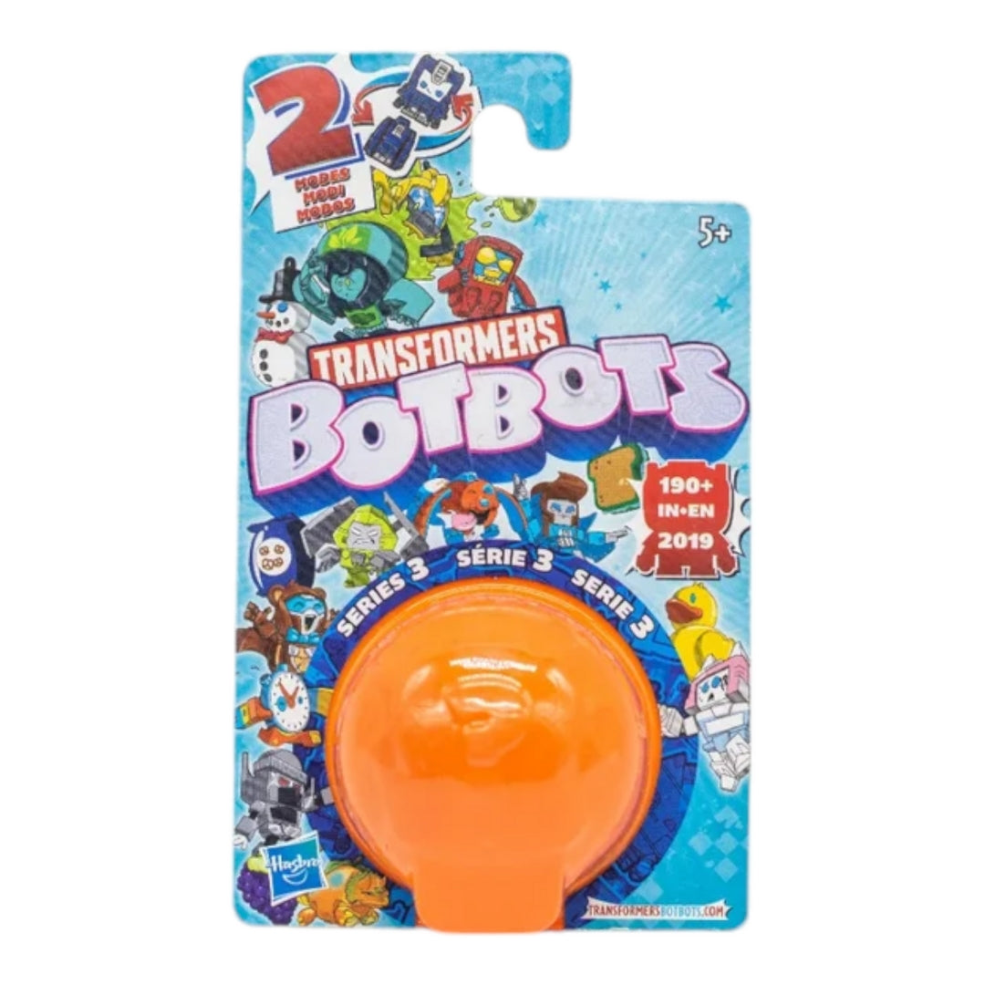 The image shows six Hasbro BOTBOTS Mini Transformers Blind Bags arranged in a star pattern. Each package features a different color (red, blue, green, orange, yellow) and contains a surprise mini transformer toy. The packaging is vibrant and eye-catching, making it an appealing gift for children.