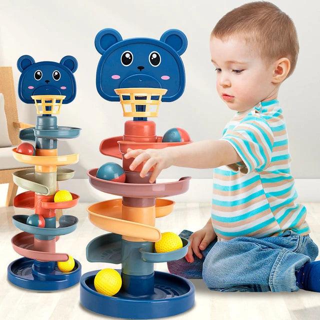 Colorful Bear-Themed Layered Ball Drop Tower Toy for Toddlers - Giggly Groves 