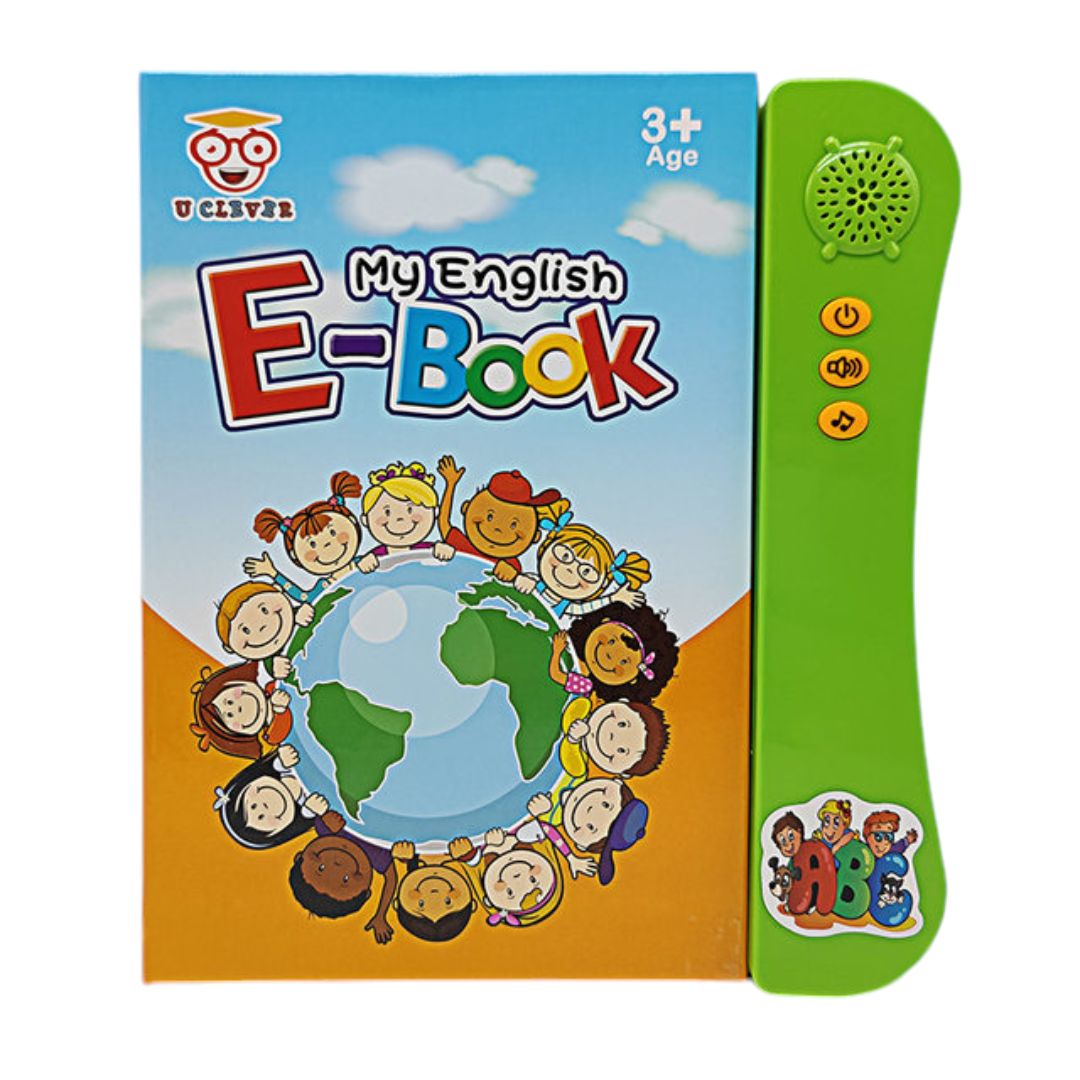 Interactive My English E-Book: Touch & Learn Language Adventure for Kids - Giggly Groves. This vibrant e-book features a colorful cover with smiling children holding hands around a globe, promoting inclusivity and global learning. The interactive touch-and-learn panel enhances the language learning experience, making it perfect for kids aged 3 and above