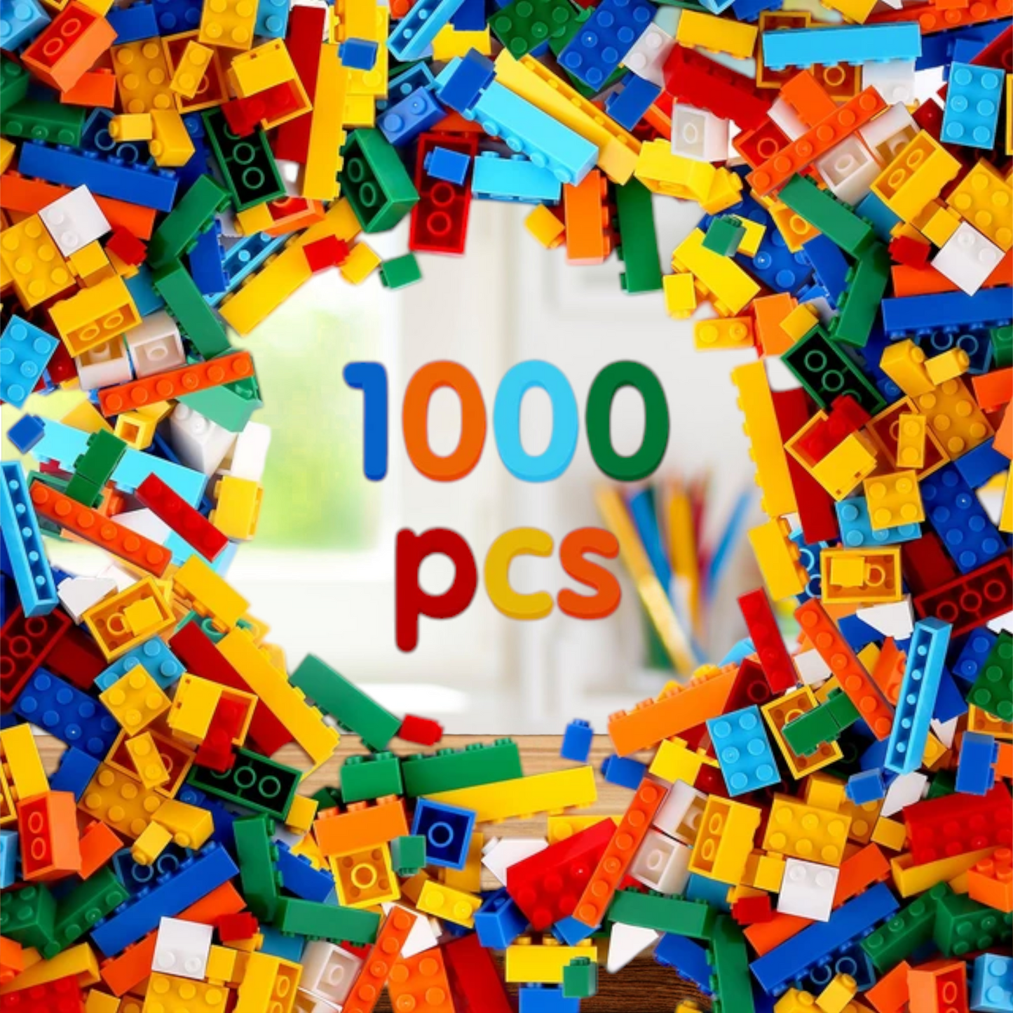 A vibrant collection of 1000 pieces of kids’ building blocks by Giggly Groves, featuring a variety of colors such as red, yellow, blue, green, and orange. The interlocking plastic bricks are scattered in a playful and inviting manner with the quantity ‘1000 pcs’ prominently displayed in the center. Ideal for creative play and motor skill development