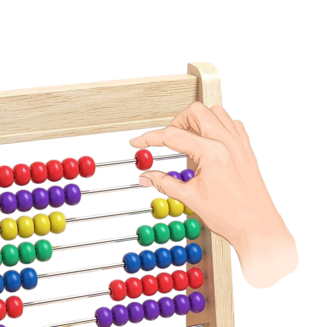 Boost Early Math Skills with Classic Wooden Abacus - 100 Beads Montessori Toy for Preschool Learning. The image shows a traditional wooden abacus with ten rows of ten beads each in varying colors of red, green, blue, yellow, and white. The abacus is positioned upright on a stand. Included in the set are colorful counting rods and a collection of numbered and mathematical operation tiles for interactive preschool learning activities.