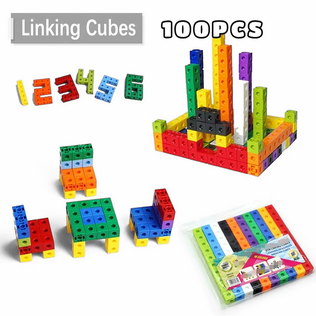 100-Piece MathLink Cubes Set for Kids - Enhance your child’s learning with this colorful, interlocking cube set. Perfect for STEM education, these cubes come in vibrant colors like red, yellow, green, blue, and orange, featuring numbers and math symbols. Ideal for developing fine motor skills and math proficiency. Packaged in a clear storage box for easy organization. A popular choice for interactive learning and educational play. Available now at Giggly Groves.